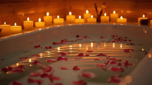Romantic candlelit bathtub with rose petal float on warm water flame creating cozy relaxation