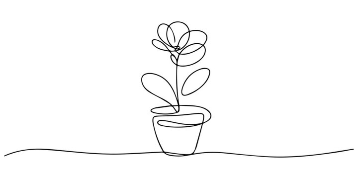 top flower continuous one line drawing, House flower plant in pot continuous one single line drawn concept pro. a beautiful gardening flower tob with orchid flowers,  Elegance home decorative elements