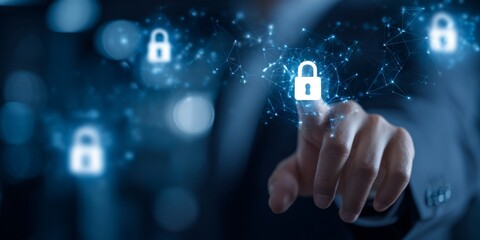 Hands of a person interacting with digital security symbols and global network graphics on a blurred blue background in a cybersecurity concept