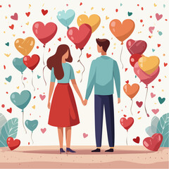Fototapeta premium Couple holding hands surrounded by heart balloons.