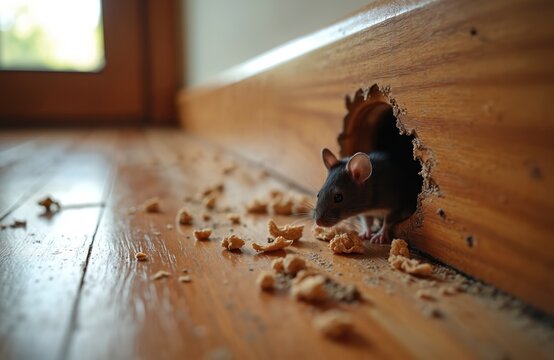Small mouse emerges from hole chewed in wooden baseboard near floor. Debris scattered on polished floorboards indicates rodent activity and home infestation issues.