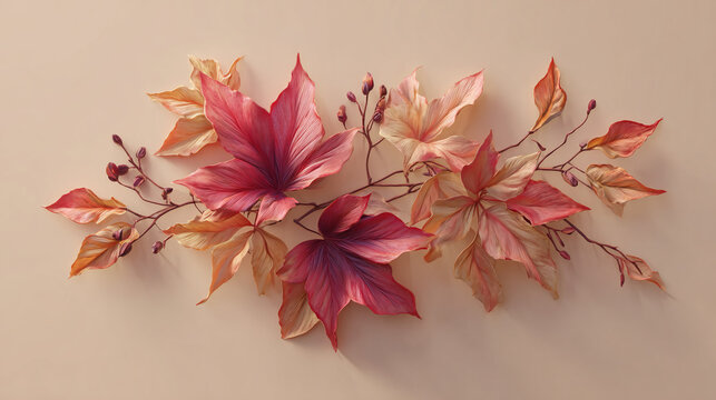 A delicate arrangement of colorful autumn leaves, showcasing the beauty of the season. The leaves feature various shades of red and orange, with subtle details of the veins and textures