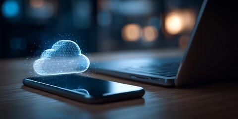 Modern digital workspace showcasing cloud computing concept with smartphone, laptop, and data protection graphics, symbolizing technology efficiency and innovation