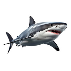 Fototapeta premium A great white shark with sharp teeth and a prominent fin swims isolated on a white background, representing a dangerous marine predator of the deep blue ocean natureA great white shark with sharp teet