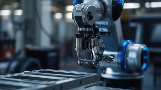 Robotic arm laser welding metal frame with precision industrial robot performing precision welding