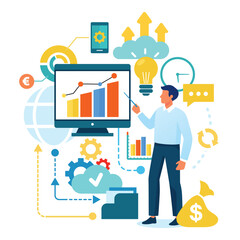 Person standing next to large screen showing graph with increasing bars. Various icons representing tools for business, including gears, light bulbs, and money bags, illustrating growth and analysis