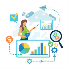 Woman standing with laptop and pointer. She showing data on screen with charts and graphs. Various symbols like checkmarks and gears surrounding her. Data analysis concept