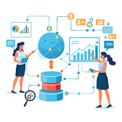 Two professionals working with data and charts on screens. People analyzing business information and sharing insights using graphs and digital tools. Data-driven decisions concept