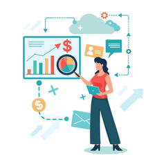 Woman standing in front of screen with charts and graphs. She holding tablet and pointing at pie chart while various icons surrounding her. Data analysis concept