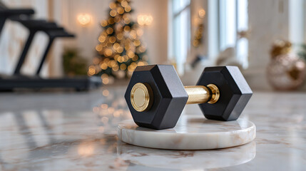 A sophisticated dumbbell placed on a marble surface, with a Christmas tree in the background