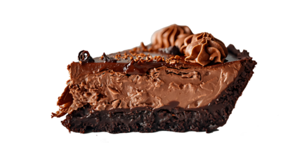 Delicious slice of dark chocolate cake with cream icing served on a gourmet bakery plate and isolated on a white background