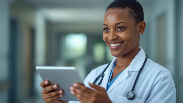 Smiling medical doctor with tablet in hospital corridor, confident professional caring tablet