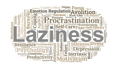 Laziness And Procrastination Word Cloud. Psychological Perspectives On Human Motivation