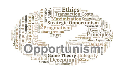Opportunism Word Cloud. Core Concepts of Strategic Self-Interest and Ethical Conduct