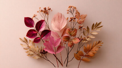 An assortment of dried autumnal leaves artfully arranged against a muted backdrop. The leaves display a spectrum of warm colors, creating a visually pleasing display