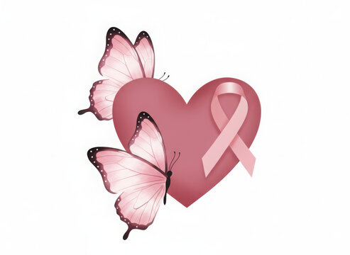 Pink heart with butterflies and breast cancer awareness ribbon on white