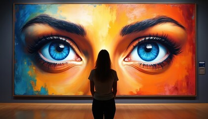 Woman looks at large abstract painting of human eyes in bright colors. Artist showcases vibrant gaze, art exhibition. Creative perspective, viewer contemplation, gallery atmosphere.