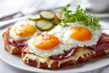High Angle Professional Food Photography of Delicious Toast with Eggs and Pickles