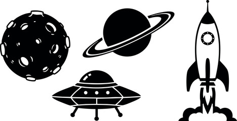 Space themed vector set featuring moon planet spaceship rocket in black silhouette style for cosmic design and science projects
