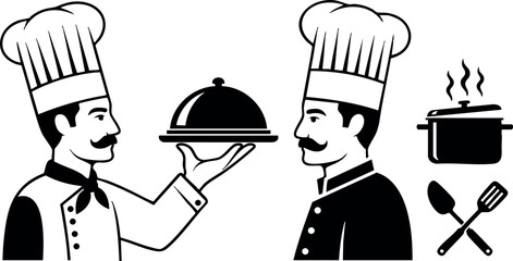 Two chefs with cooking pot and utensils preparing food in kitchen vector design illustration