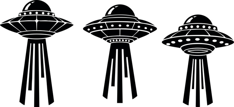 Futuristic flying saucer spaceships with beam lights silhouette vector design set