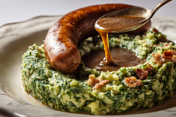 Close-Up Shot of Steam Rising from a Gourmet Plate of Sausage and Creamy Spinach Mash