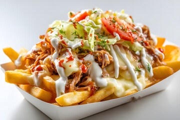 Delicious Kapsalon Dish with Juicy Chicken, Fresh Veggies, and Sauces Served on Crispy Fries in Studio Shot