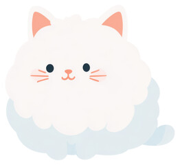 Naklejka premium Fluffy white cartoon cat with pink ears and cute face isolated on transparent background.