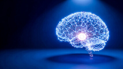 Isometric 3D Digital Brain with Glowing Fiber Optics and Neural Nodes on Blue Background