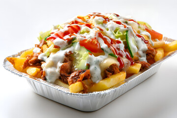 Delicious Kapsalon with Fries Topped with Fresh Vegetables and Sauces in a Studio Setting