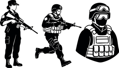 Tactical soldier team in combat gear with rifles and helmet in action military vector illustration