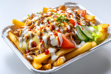 Delicious Kapsalon Dish with Fries, Fresh Vegetables, and Tasty Sauces in a Takeaway Container