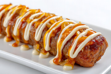 Close-Up Studio Shot of Frikandel with Sauces and Toppings on a White Plate