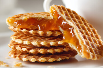 Delicious Golden Waffles Stacked with Sweet Caramel Filling in Studio Photography Setting
