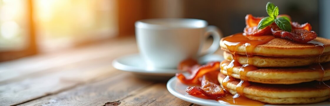 Stack of pancakes with maple syrup bacon and mint served on plate. White cup of coffee on wooden table. Brunch food concept at bright morning light.