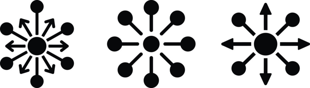 Radial network connection icons set. Connectivity and network distribution icon set with centralized hub and expansion arrows. Technology systems, and business connectivity in presentations.