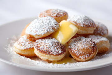 Deliciously Soft Pancakes Topped with Melting Butter and Dusting of Powdered Sugar on White Plate