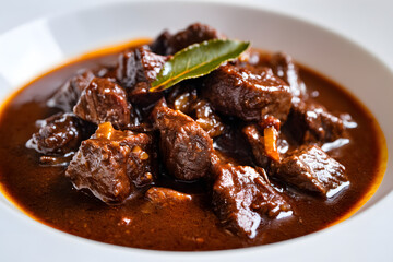 Close Up Eye-Level Shot of Delicious Bowl of Hachee, a Traditional Savory Dutch Stew with Tender Beef Chunks