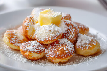 Delicious fluffy pancakes served with butter and powdered sugar on a white plate for a tempting dessert experience