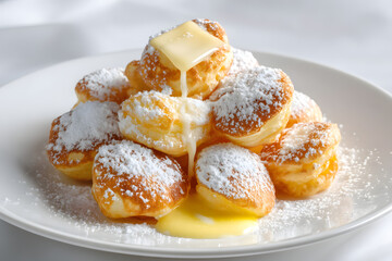 Deliciously Golden Pancakes with Melted Butter and Powdered Sugar on a White Plate
