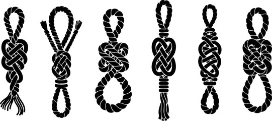 Various black rope knots vector illustration showing different tied configurations and designs for diverse uses