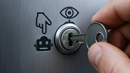 AI readiness act with key unlocking robot security concept in manufacturing and software robotics