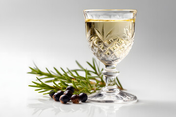 Elegant crystal glass filled with clear liquid next to aromatic herbs and dark olive berries in studio setting