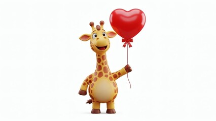 3D Cartoon Giraffe Character Holding a Heart-Shaped Balloon with Ribbon, Rounded Toy-Like Proportions, Isolated on Pure White Background