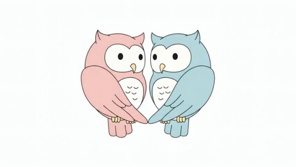 Flat Cartoon Owl Couple Perched Together Forming a Heart Shape with Their Wings, Clean Vector Illustration Style, Minimal Pastel Palette