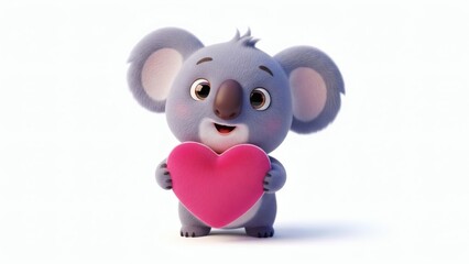 3D Cartoon Koala Character Hugging a Pink Heart Pillow, Soft Plush Texture, Cute Expression, Isolated on Pure White Background
