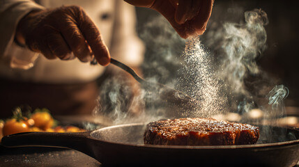 Professional Chef Sprinkling Seasoning on Steak in Up-Close Side View with Smoke and Ingredients in Background