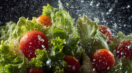 Fresh Salad Close-Up with Water Droplets and Vibrant Vegetables for Culinary Photography