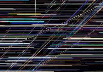 Abstract digital visualization features numerous vibrant, colorful light streaks moving rapidly across a dark background