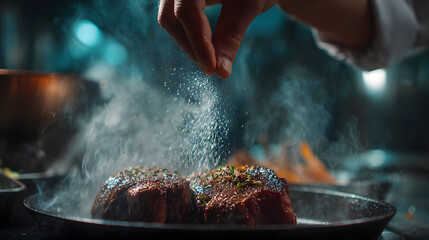 Close-Up Side View of Professional Chef Hand Sprinkling Salt over Juicy Meat in a Culinary Kitchen Setting